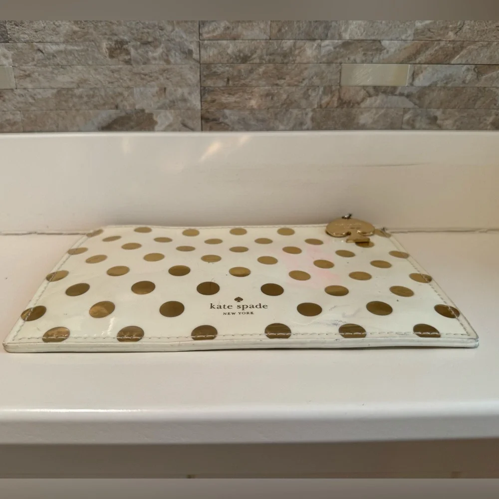 Kate Spade Patent Leather Ivory/Gold Polka Dot Case Bag Pouch Clutch - Picture 2 of 5